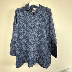 French J.Jill Pure Jill Womens Floral Button-Up Shirt Medium Blue Long Sleeve